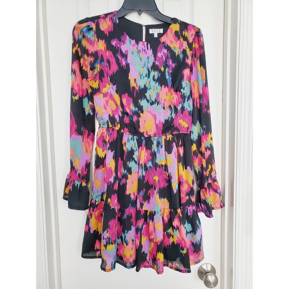TCEC Dress Wedding Guest Black Multi Abstract Long Sleeve Ruffle Mini Festival S